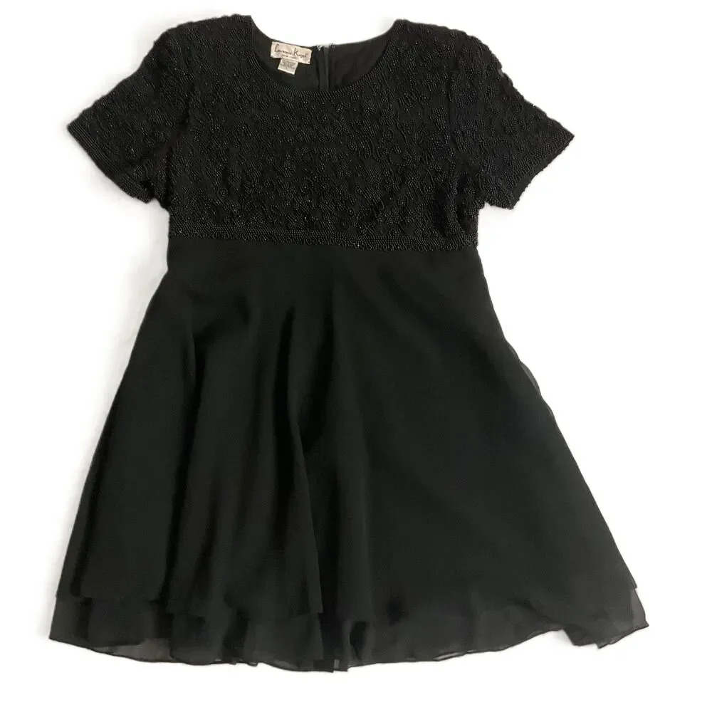 Vintage Black Heavily Beaded Short Sleeve A Line Dress Large
